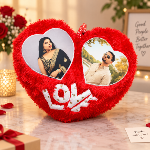 Personalized Double Heart Fur Cushion — supplied product example