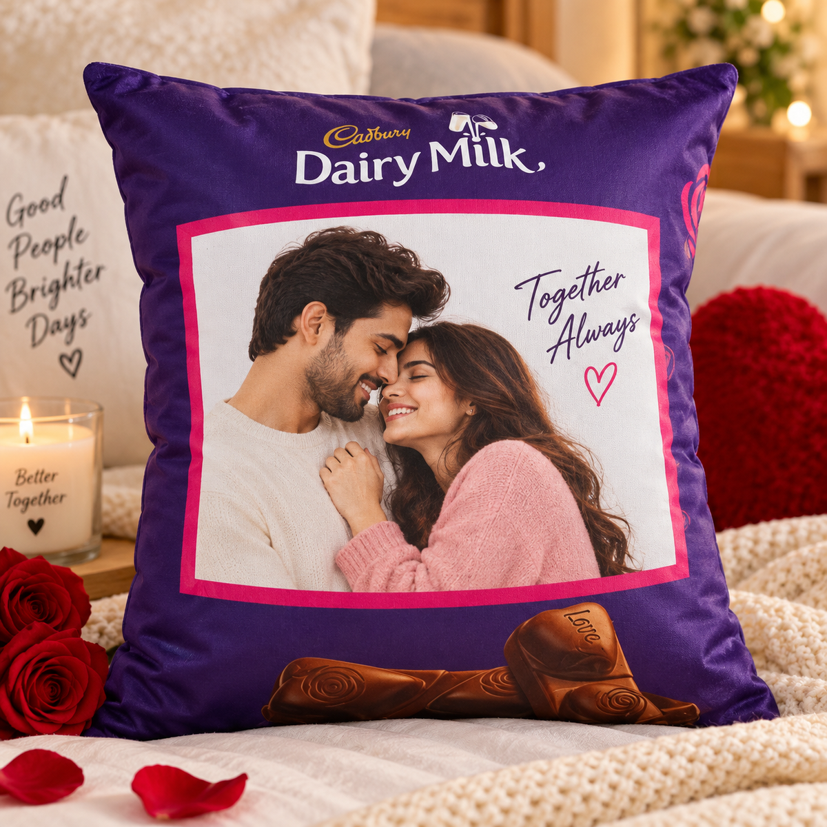 Personalized Chocolate-Themed Photo Cushion — supplied product example