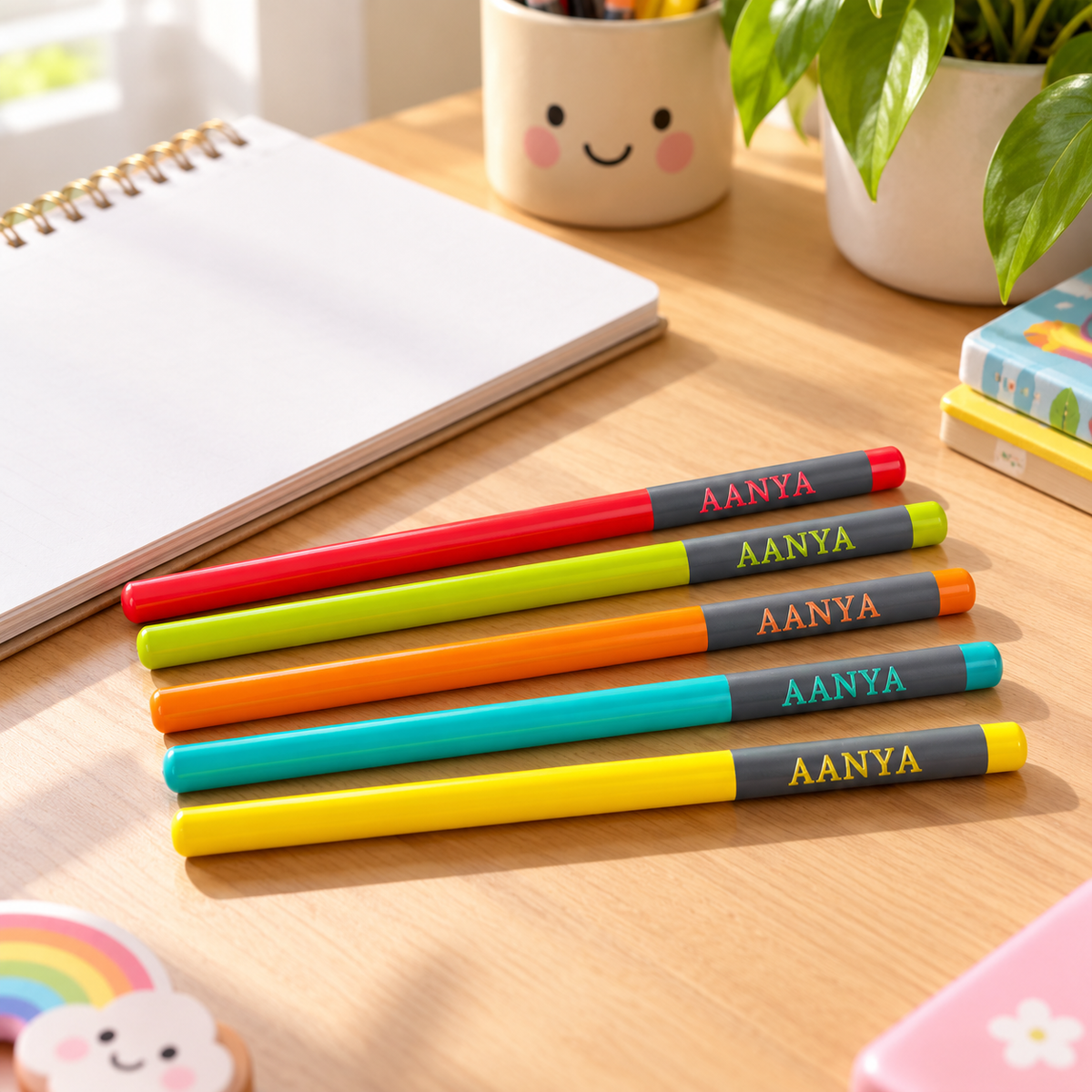 Five colourful personalised pencils with sample name AANYA on a study desk